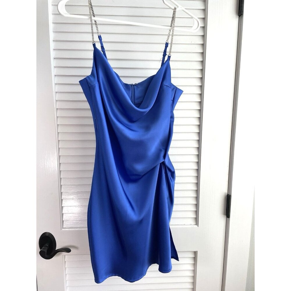 Glam Navy Blue Satin Mini Dress with Adjustable Rhinestone Straps Sz L